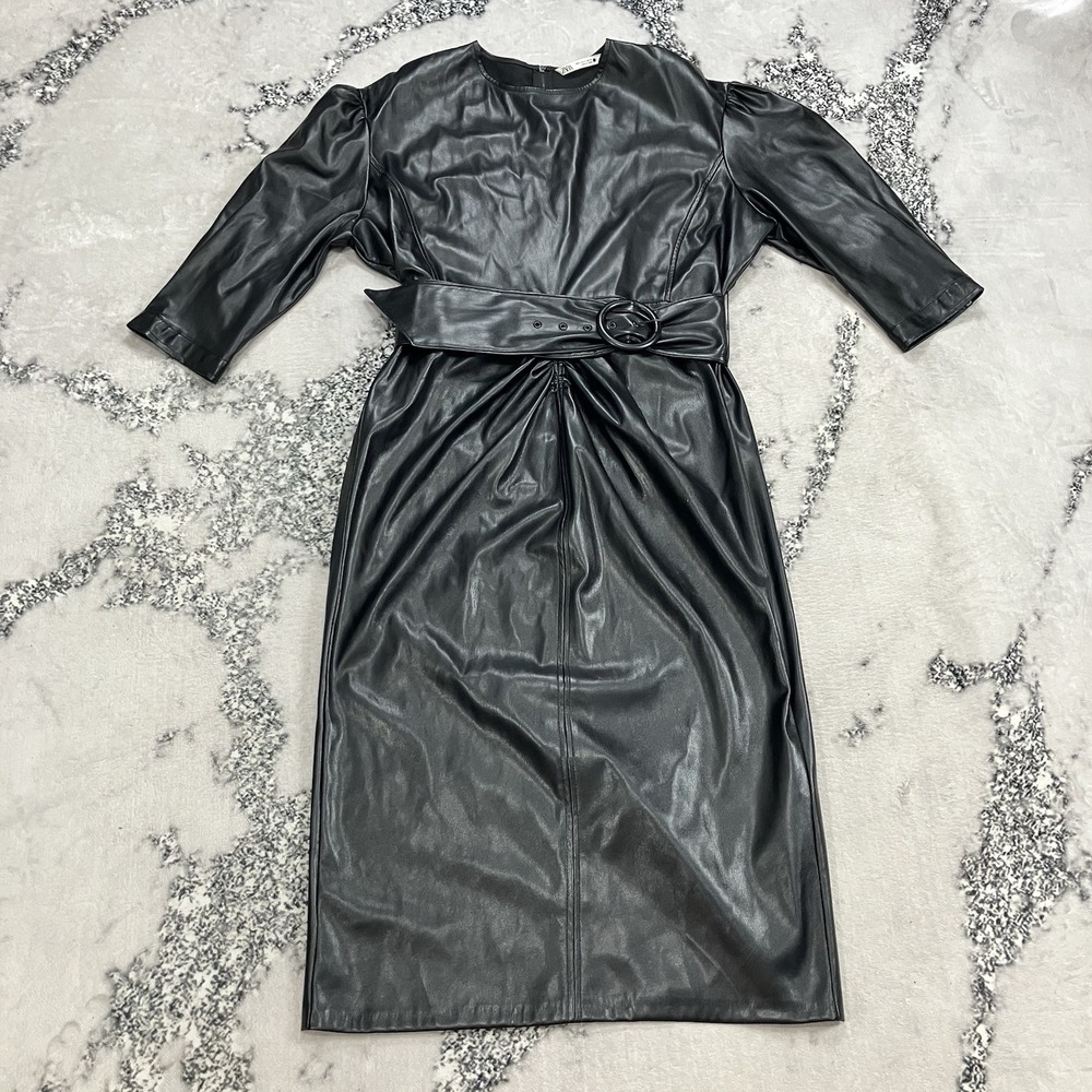 Zara Faux Leather Belted Midi Dress Black Puff Sleeve Womens Size‎ XL